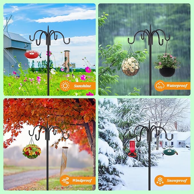 FEED GARDEN Heavy Duty Shepherds Hook Squirrel-Proof Bird Feeder Pole 92" Four Hooks 5-Prong Base & 19" Baffle for Outdoor Feeders & Plants