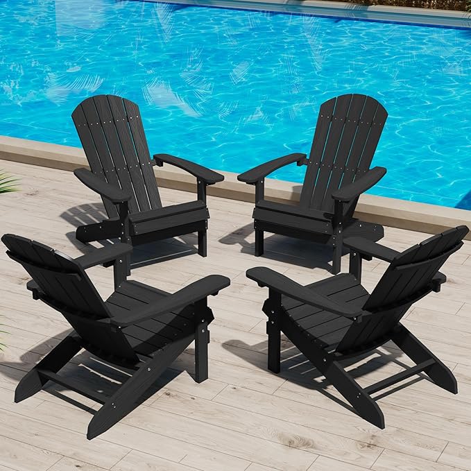 YEFU Adirondack Chairs Set of 4: Outdoor Chair HIPS Plastic Adirondack Chairs - Patio Chairs with Wood Texture - Lawn Fire Pit Deck Porch Garden Chairs for Adults (Black)