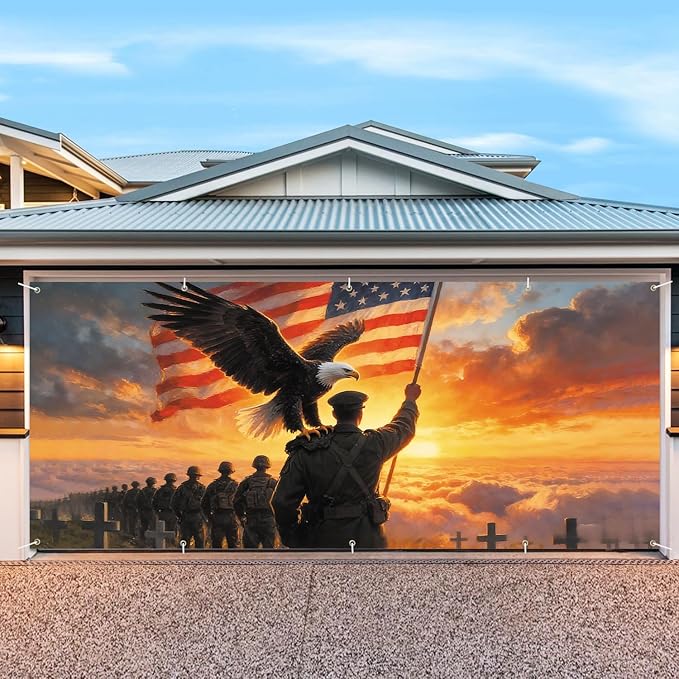 7 * 16FT Eagle USA Flag Military Memorial Day Garage Door Cover Decorations Independence Day Garage Door Banner for Outdoor Indoor Patriot Party Photography Backdrop