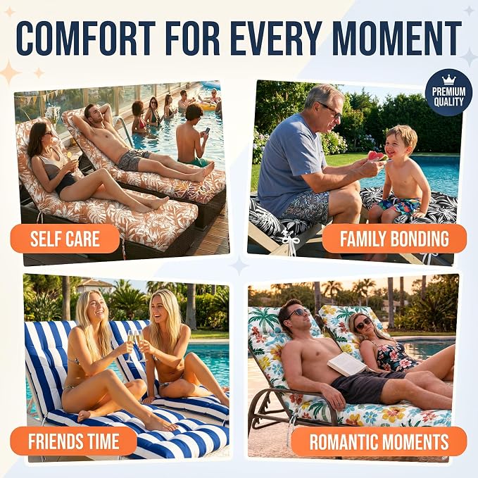 MAGIC ELEPHANT Chaise Lounge Cushion Outdoor, Memory Foam Patio Lounge Chair Cushion with Ties for Outdoor Furniture, 74 x 22 x 4 Inch (Rust Orange Monstera)