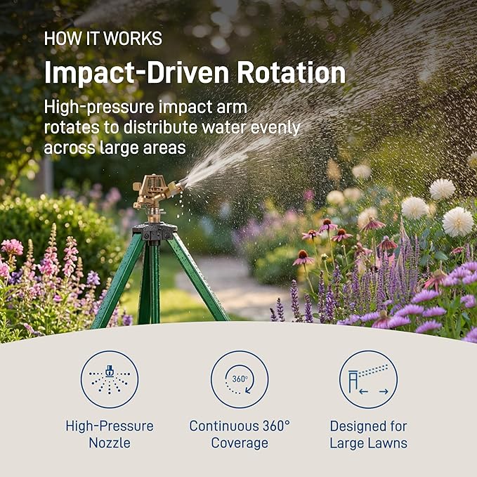 Orbit 56667Z Tripod Lawn Zinc Impact Sprinkler - 360 Degree Rotating Sprinkler