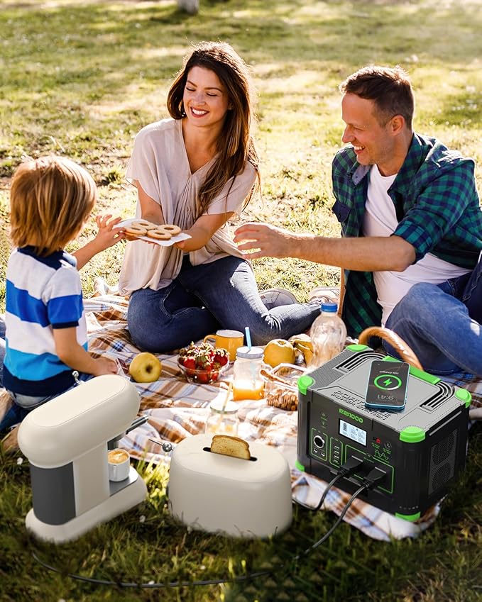 Portable Power Station 1000W (Peak 2000W), 999Wh Solar Generator with 110V Pure Sine Wave AC Outlet, 60W USB-C PD, 10 Ports for Camping RV Van Home Backup Emergency Off-Grid Living