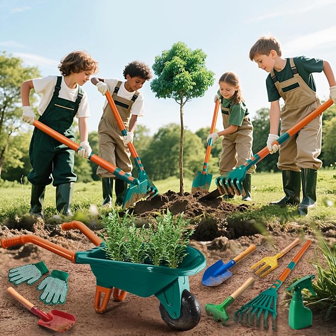 Kids Gardening Set-Kids Gardening Tools Wheelbarrow Set with Shovel, Leaf Rake, Gloves, Spray Bottle-Toddler Gardening Set Play Outdoor Educational STEM Learning for Boys Girls Age 3+