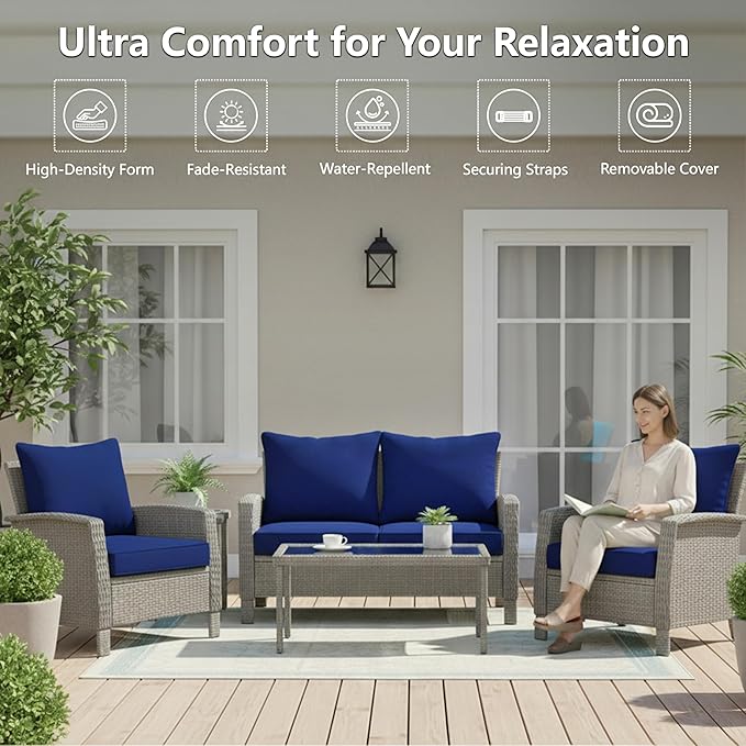 22x22 Inch Patio Chair Cushions Set of 4, Outdoor Furniture Cushions - Removable Cover, Water-Repellent, Fade-Resistant, Non-Slip Bottom & Straps, Replacement for Lawn, Porch & Deck Chair - Navy