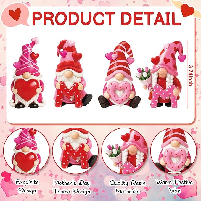 Simgoing 4 Pcs Mother's Day Gnomes Figurines Resin Gnomes Tabletop Decorations Gift for Mom Women Mini Holiday Statues Table Centerpieces for Mothers Day Home Decorations