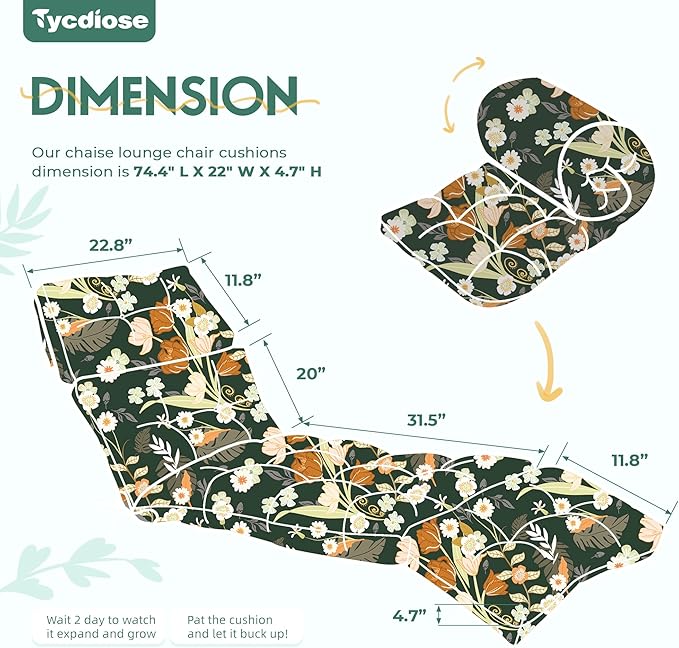 Outdoor Chaise Lounge Chair Cushion Set of 4, Waterproof 74.4 x 22 x 4.7 Inches Memory Foam Thickened Lounge Chair Cushions Replacement for Outdoor Furniture with Ties, Green Floral