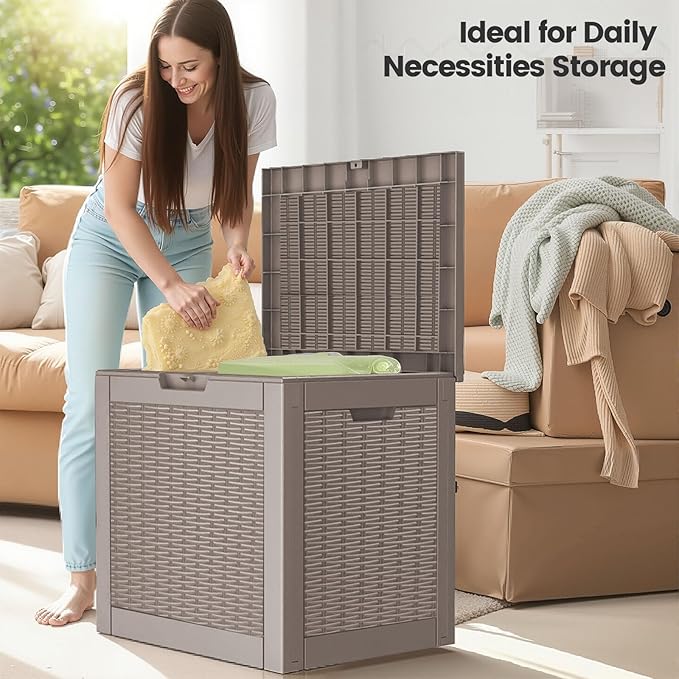 31 Gallon Outdoor Storage Box - Waterproof Resin Rattan Deck Box for Indoor & Outdoor Use - Lockable Outside Storage Bin for Package Delivery, Patio Cushions & Gardening Tools, Brown