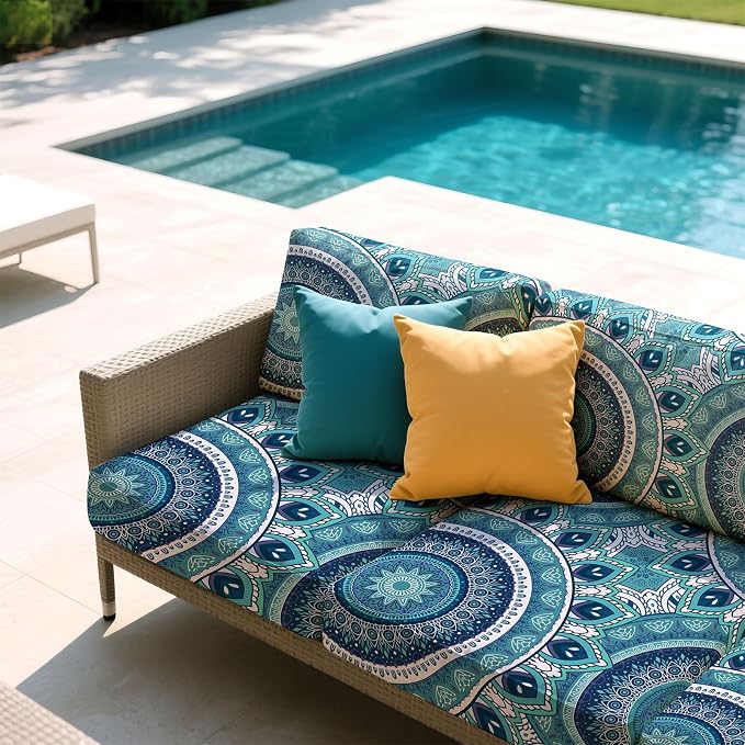 pickyNproud 8Pcs Patio Cushion Covers Stretch Outdoor Couch Cushions Slipcovers Replacement Washable Furniture Protector with Elastic Bottom Sofa Chair Seat Cover, Teal Mandala