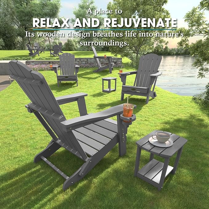 THOEOE Folding Adirondack Chair Set of 8, HDPE All-Weather Outdoor Chair with Cup Holder, Wooden Textured, Fire Pit Chair, Plastic Patio Chair for Deck, Backyard, Garden, Lawn, Grey