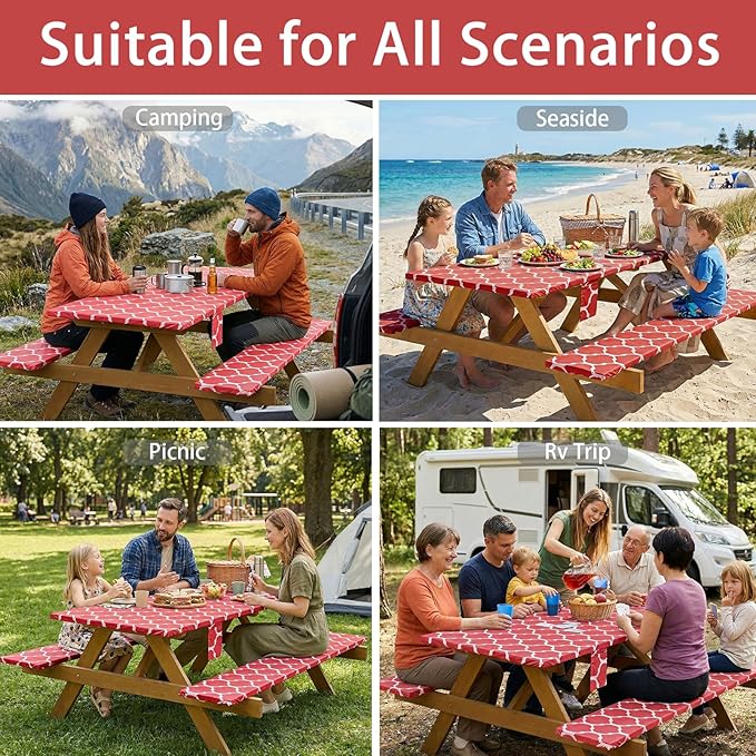 Fitted Waterproof Picnic Table Cover with Bench Covers Elastic Heat Resistant Outdoor Camping Tablecloth for 8 Foot Dinning Rectangle Tables Summer Rv Patio Garden Road Trip Essential Gift