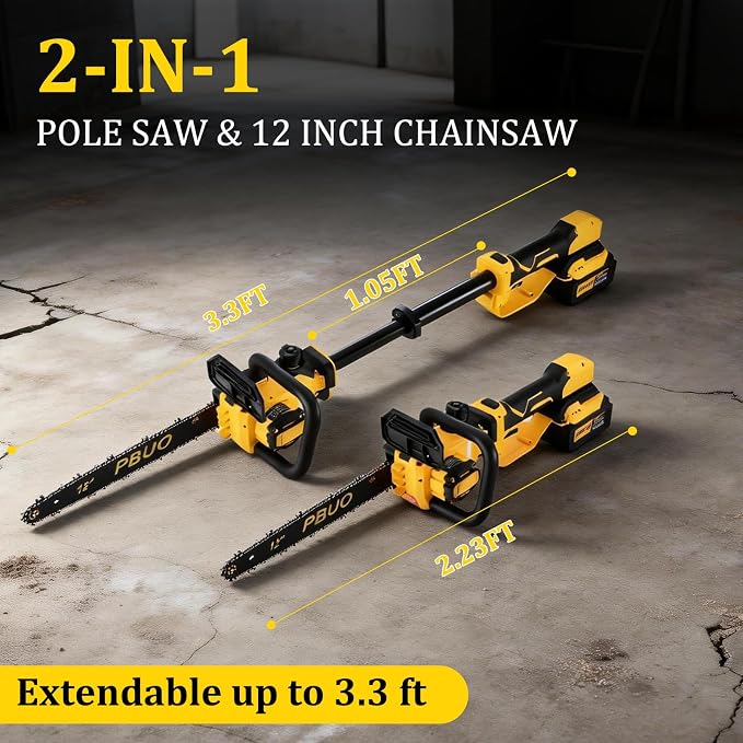 12 Inch Cordless Brushless Chainsaw, 2-IN-1 Telescoping Pole Saw with 2×4.0Ah Batteries & 4 Chains, Lightweight Safe Tree Pruner for Garden Wood Cutting