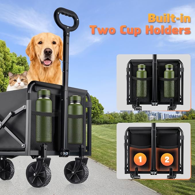 Collapsible Foldable Wagon Cart with Wheels - 220LBS Heavy Duty Folding Wagon Carts, Portable Lightweight Utility Wagon with All-Terrain Wheels & 2 Cup Holders, Grocery/Beach/Sports/Shopping/Black