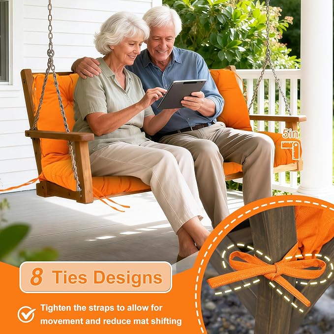 Porch Swing Cushions Outdoor 40 inch x 40 Waterproof Swing Cushions 3 Seater Replacement with Backrest & 8 Ties 5" Thick Bench Swing Cushions for Outdoor Furniture Patio(Orange)