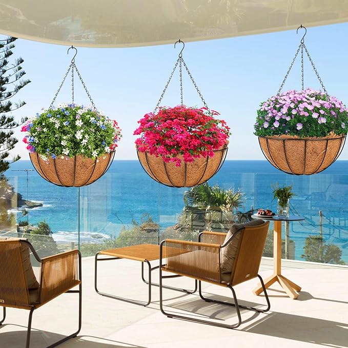 Hanging Basket Planter Plants Outdoor - 4 Pack 14 Inch Metal Hanging Planter with Coco Liners, Chain Hook Hanging Flower Pots for Indoor Outdoor Garden Porch Decoration