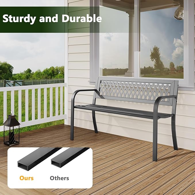 Outdoor Bench 2 Pack, 47" Garden Bench with Plastic Backrest | 2-Person Outdoor Seating Park Bench for Porch, Patio, Lawn, Deck and Entryway, Black