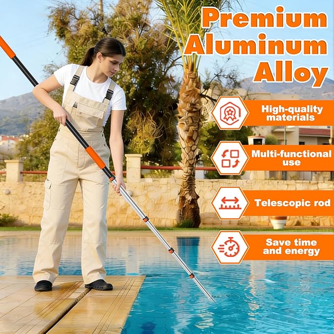 LAANPOLE Telescopic Pool Pole, 16ft Heavy Duty Swimming Pool Pole, Adjustable Pool Cleaning Pole for Skimmer Nets, Vacuum Heads and Brushes