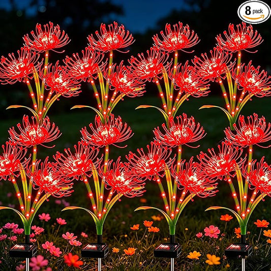 VOOKRY Solar Lights Outdoor, 8 Pack Red Spider Lily Garden Flower Lights | 3Heads per Stem& Individual Solar Panels, Warm White LED Waterproof Yard Lawn Pathway Decor,Decorative Garden Gifts for Women