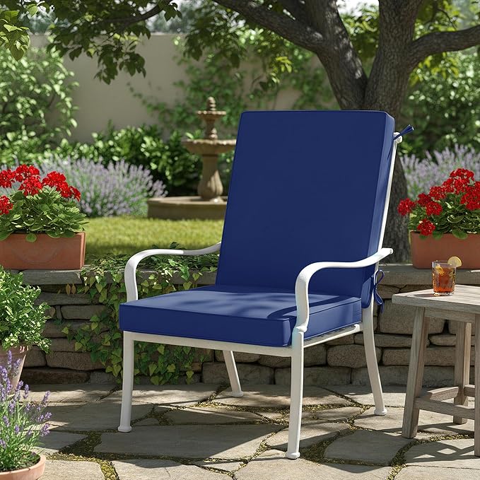 Summsun High Back Patio Chair Cushions, Outdoor Dining Seat Cushion with Splash-Proof Removable Covers, Ties, Non-Slip Bottom for Garden Lawn Patio Furniture, 44 x 20 Inch, Navy