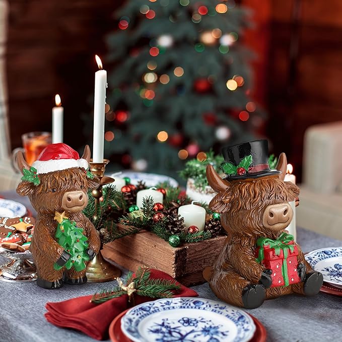 Simgoing 2 Pack Christmas Highland Cow Figurines Highland Cow Statues with Santa Hat Resin Xmas Figurine Merry Christmas Table Decoration for Winter Holiday Farmhouse Tiered Tray Garden Home Gift