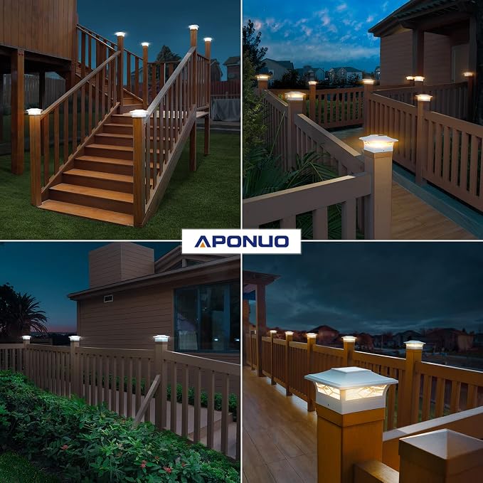 APONUO Solar Post Cap Lights,6 Pack 2-Modes Bright 4x4 Post Solar Lights Auto On Off,Outdoor Waterproof Garden Patio Fence Deck Patio Decor for Fence Deck Post Caps 4x4 6x6 Wood,4x4 Vinyl