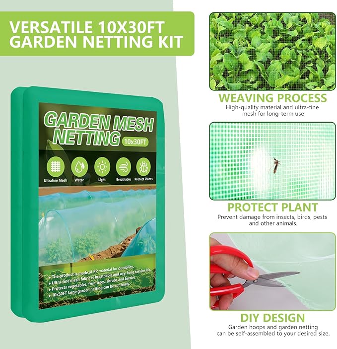 Garden Netting Kit for Raised Beds, 10x30FT Green Ultra Fine Mesh Netting ＆6 Sets of 8FT Garden Hoops, Insect Netting Row Cover Net Protect Plants Vegetable Fruits Flowers
