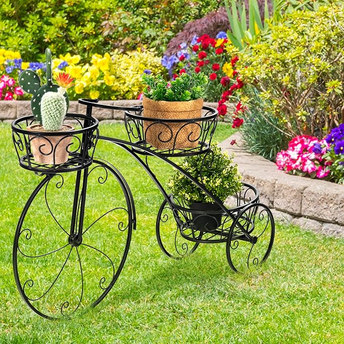 Bicycle Planter, Flower Pot Stand with 3 Decorative Wheels, 3 Collection Baskets, Metal Steel Frame, Tricycle Plant Stand for Outdoor, Indoor, Home, Balcony, Patio, Garden, Backyard