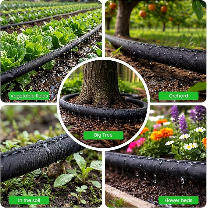 MIXC 2026 Thickened Flat Soaker Hose 200Ft with Copper Joint, Saving 80% Water, Aluminum Seal, 1mm Hose, 360°Swival Handle, Hole Pressure Relief Gasket, Drip Kit for Vegetable Garden, Lawn, Flower Bed