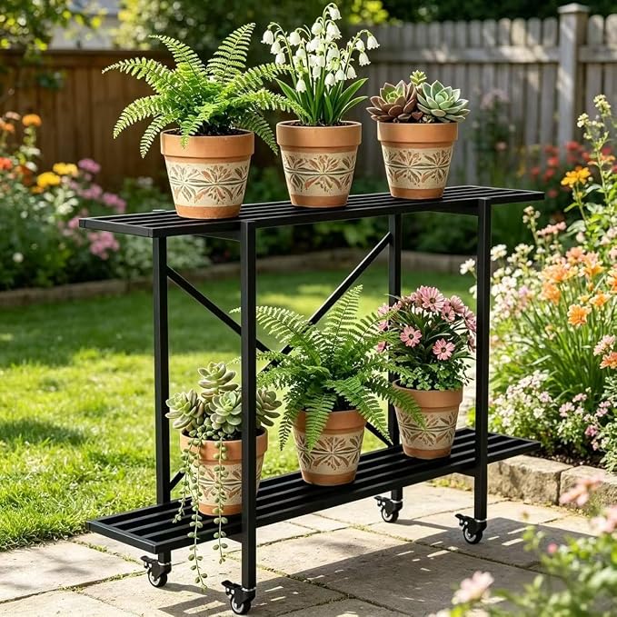 Zhongma 2 Tier Window Height Metal Sturdy Narrow Plant Stand with Wheels, Plant Stand Indoor and Outdoor, L35.43 x W10.3 x H29.9 inch, 440 LBS Capacity & Heavy Duty Construction.