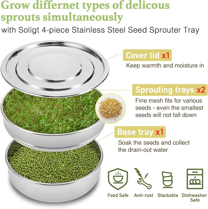 SOLIGT Stackable Stainless Steel Seed Sprouting Kit, 2-Tier Mesh Sprouting Trays, 1 Base and 1 Cover Lid
