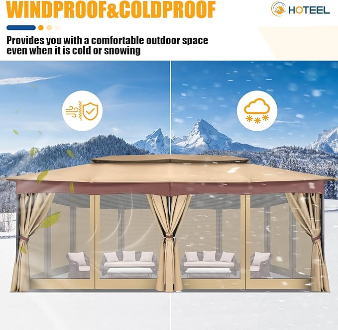 HOTEEL Gazebo 12x20, Outdoor Gazebo on Clearance with Double Ventilated Arc Roof, Privacy Curtains & Mosquito Netting, Easy Set up Canopy Tent with Stable Metal Frame for Patio Gazebo, Khaki