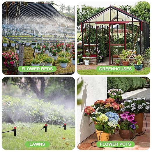 250FT Drip Irrigation System for Garden with 20 Nozzles & Emitters, Garden Watering System with 1/2" & 1/4" Tube and Barbed Fittings - Adjustable Sprinklers Kit for Greenhouse, Lawn, Raised Bed