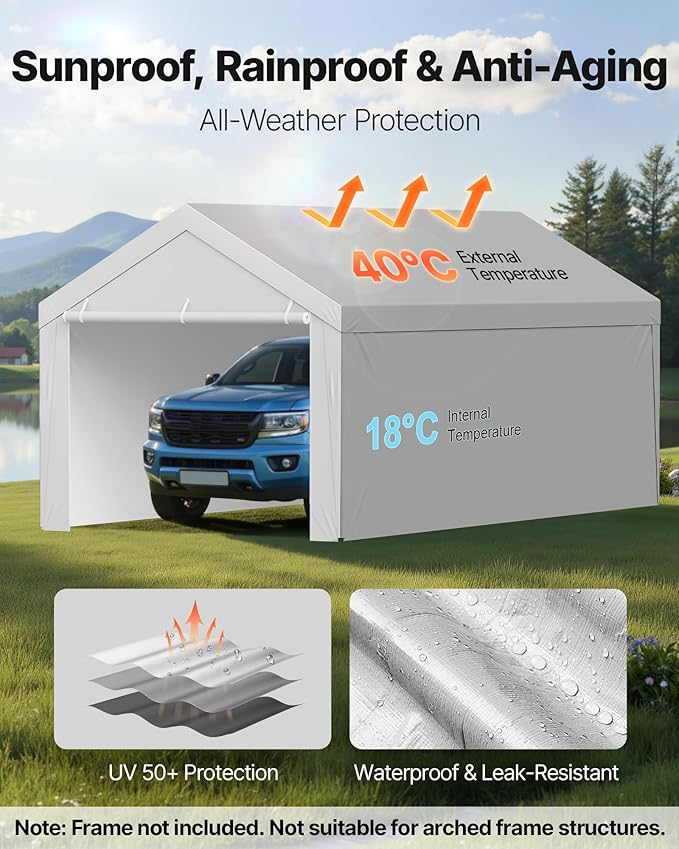 VEVOR Carport Replacement Canopy Cover, 12 x 20 ft Potable Garage Tent Top Tarp with Sidewalls, UV-Resistant & Waterproof, Heavy Duty Car Shelter Tarp with Ball Buggees, Grey, Frame Not Included