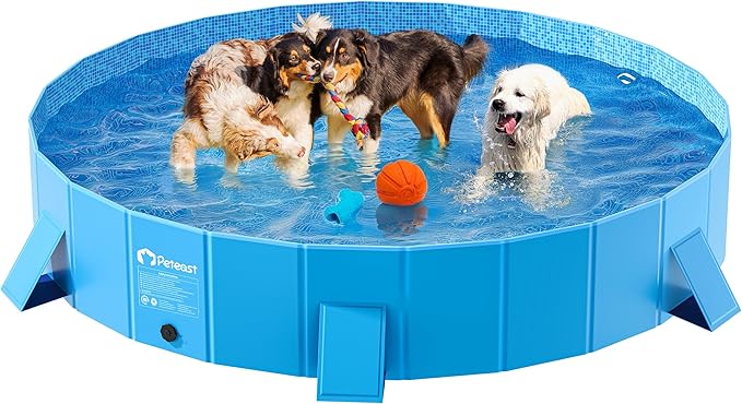 Peteast Foldable Dog Kiddie Pool with Stable Side Support, Hard Plastic Shell Portable Dog Pool, Collapsible Swimming Pools for Pet and Kids, 87 in