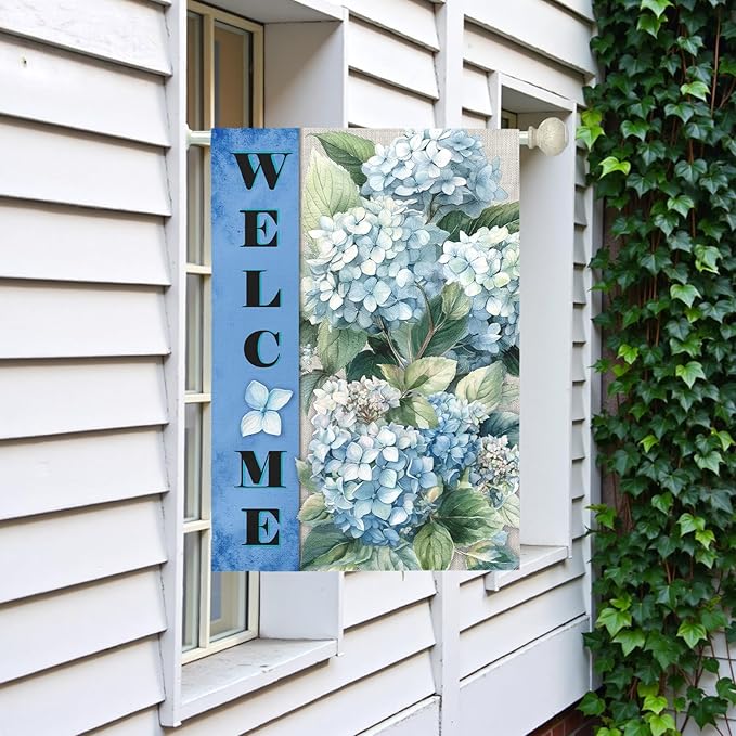 Hydrangea Garden Flags Welcome Spring Summer House Banners Blue Floral Oversized Yard Flag for Outside Double Side Purple Hydrangeas Flowers Rustic Banner Decor Large Size 28 x 40 Inch