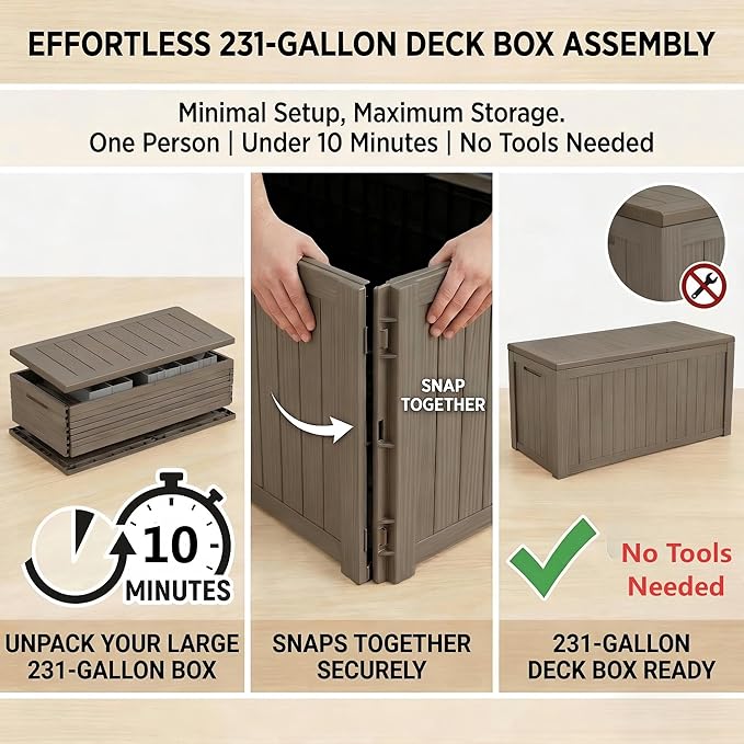 Large 231 Gallon Resin Deck Box, Heavy Duty Lockable Patio Storage Box Outdoor, Waterproof Tool Box for Garden Furniture Cushions & Pool Supplies, Wood Grain Outdoor Storage Bench for Backyard