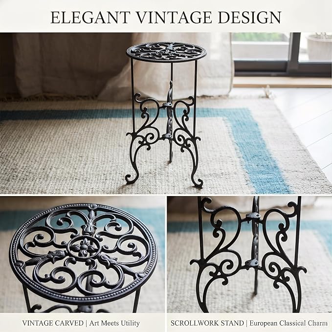 Vintage Scrollwork Cast Iron Plant Stand, Black, 22.6 x 9.3 x 22 Inch, Heavy-Duty Oval Top, Indoor Outdoor Use (19.3" Tall Circular Pattern)