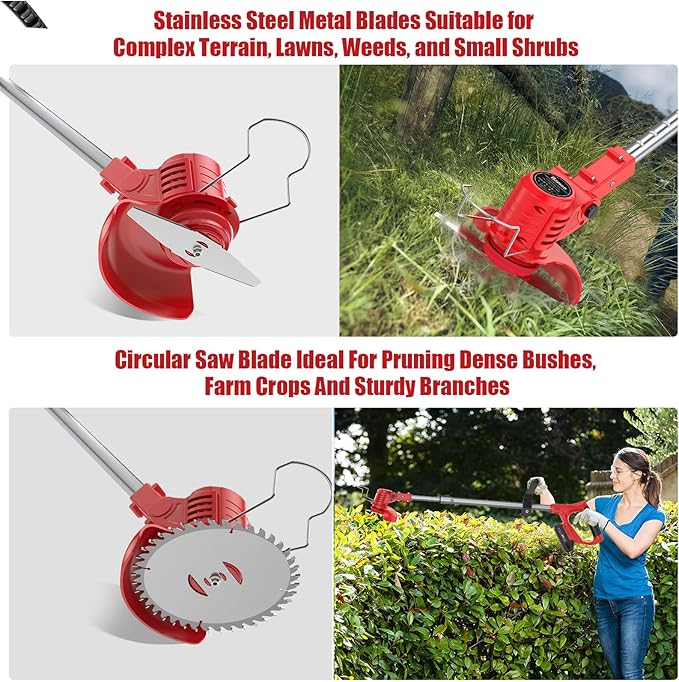 21V Weed Wacker Cordless String Trimmer with 2 Batteries 2.0Ah, 2 Types Metal Blades Powered Grass Trimmer, Pruning Shears, Adjustable Pole Weed Trimmer for Garden and Yard Lawn, Red