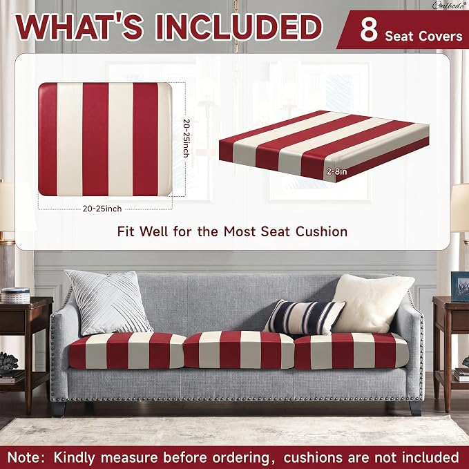 CALBODE 8 Pcs Stretch Outdoor Seat Cushion Covers, Washable Striped Chair Seat Cover for Patio Furniture Cushions Soft Indoor and Outdoor Couch Cover Replacement (Red&Beige, Cover Only)