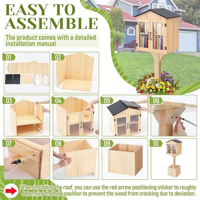 Wonderjune Little Library Box Outdoor, Durable Weatherproof Solid Wood Free Library Book Exchange Box with Floor Plugs and Small Flower Fence for Neighborhoods, Community and School