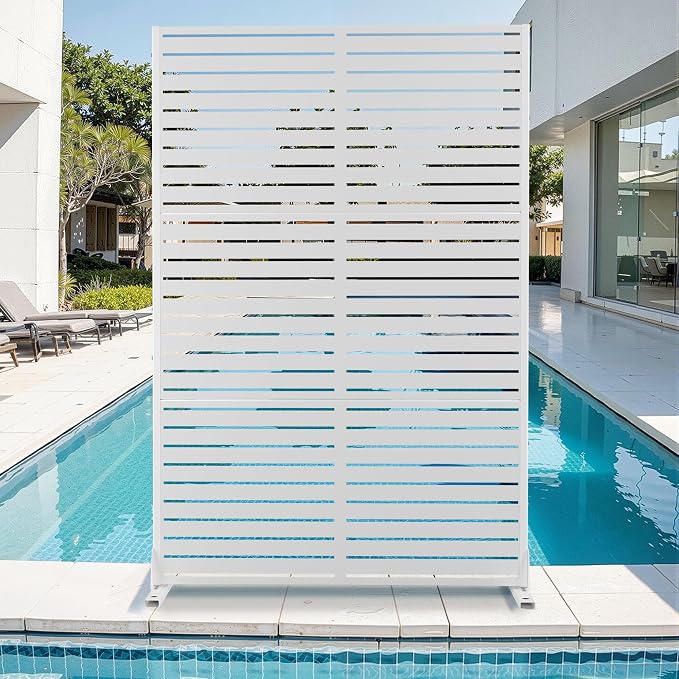 Metal Privacy Screen for Outdoor & Indoor Use, Free Standing Privacy Screen for Patio Garden Pool, 72" H x 47" W Decoative Privacy Panels, Weather Resistant, Easy Assembly (White Louvered)