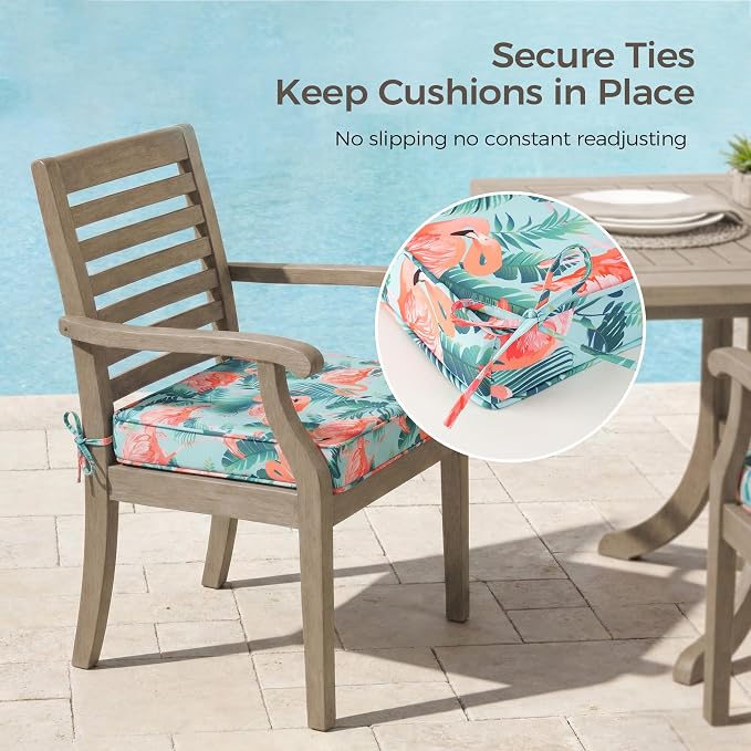 UNIKOME Outdoor Chair Cushions Set of 4, Water Resistant Patio Seat Cushions with Ties for Outdoor Furniture, High-Density Foam, UV & Fade Resistant, Piped Edge – 19" x 19" x 3", Flamingos