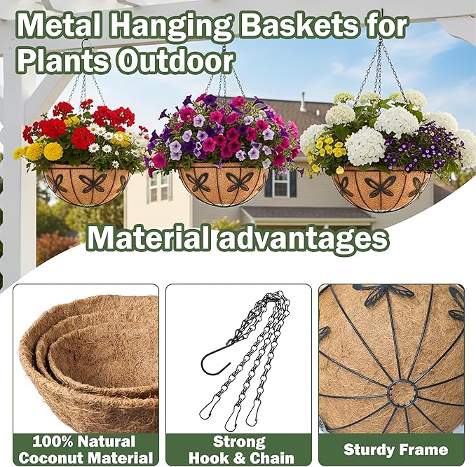 4 Pack 14 Inch Hanging Baskets for Plants Outdoor Metal Hanging Planter Basket with Coco Coir Liner Hanging Flower Baskets Hanging Flower Pots Holder for Garden, Patio(Butterfly)
