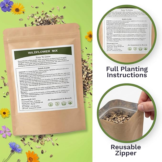 Wildflower Seeds Mix (3oz) - 89.400+Seeds - Non-GMO Milkweed Seeds for Monarch Butterflies - 25+Varieties Annual & Perennial Wildflowers Mix - Bulk Flower Seeds for Pollinator Gardens