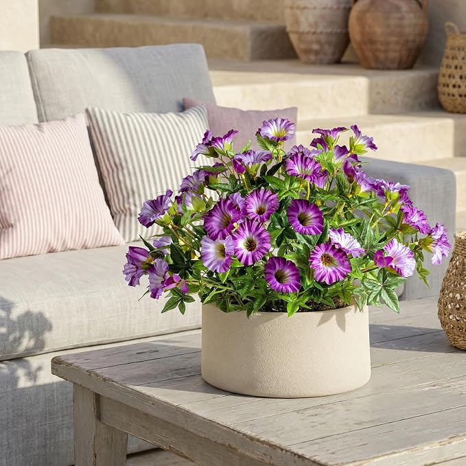 Dark Purple Artificial Morning Glory Flowers for Outdoor Planters, Premium UV Resistant Silk Faux Flowers for Porch, Hanging Basket & Window Box, Elegant Garden Decor, No Pot, 13.3 Inch, 4 Bundles