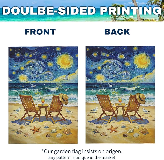 Beach Garden Flag Spring Summer Coastal Yard Flags Van Gogh Inspired Starry Night Style Ocean Seaside Chairs House Banner for Outside Lawn Patio Porch Seasonal Home Double Sided 12x18 Inch