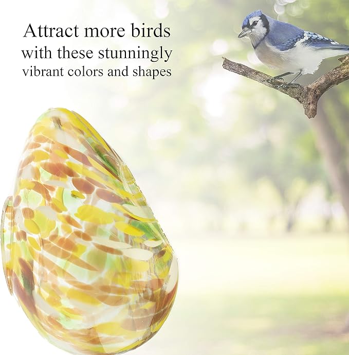 CLEVER GARDEN Glass Bird Feeder, Hanging Outdoor Decoration for Wild Birds, Yellow Teardrop