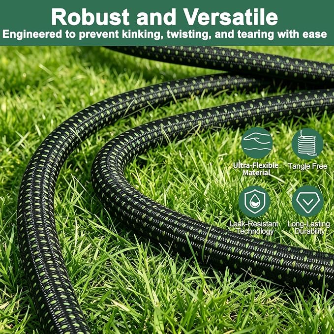 50FT Flexible Garden Hose & 10Modes Nozzle,Lightweight Water Hose,Kink-Free,All-Weather 3/4 in. NoneExpanding Hose for RV,Boat,Car Wash,Garden,Yard,Camper,Outdoor (Green-Black, 50Ft)
