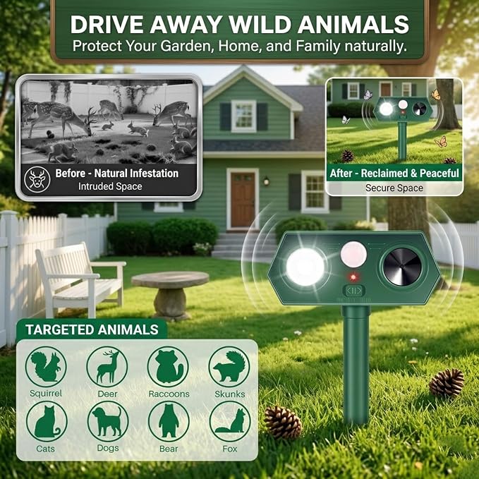 2026 Upgraded Solar Ultrasonic Animal Repellent Outdoor,4Pack Waterproof Deer Repellent Devices with Motion Sensor for Yard,Cat Repellent with Red&Blue LED Flash Lights to Scare Rabbit (Plastic, 4)