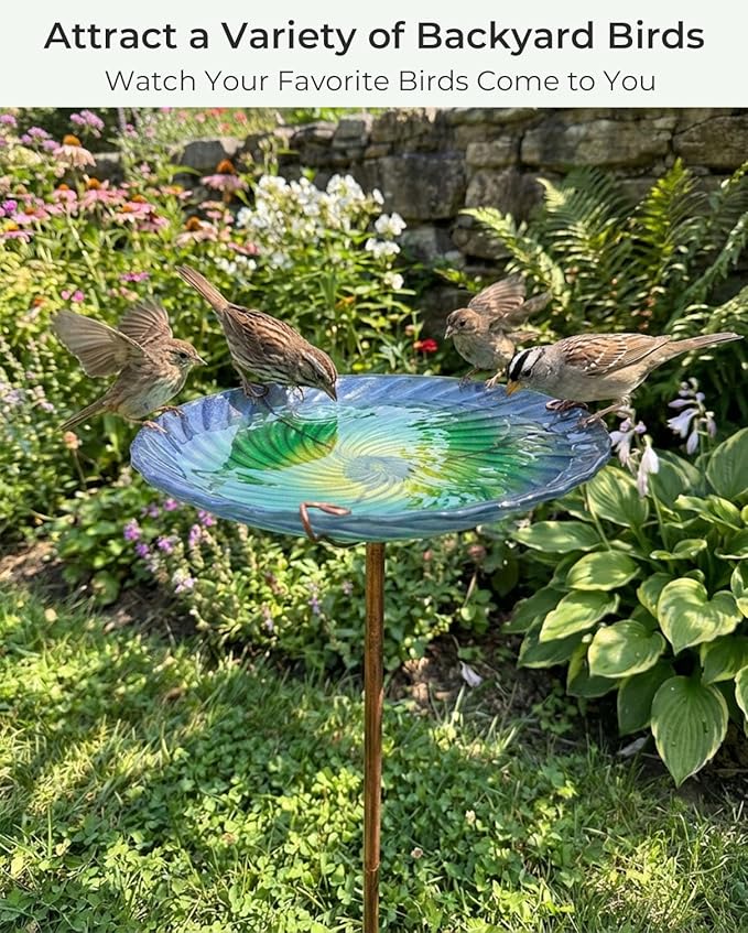 10.5" D Glass Bird Bath with Stake – Shallow Bird Bath for Outside Garden Backyard – Decorative Birdbath & Feeder for Patio Lawn – Hand-Painted Glass Water Dish, Blue