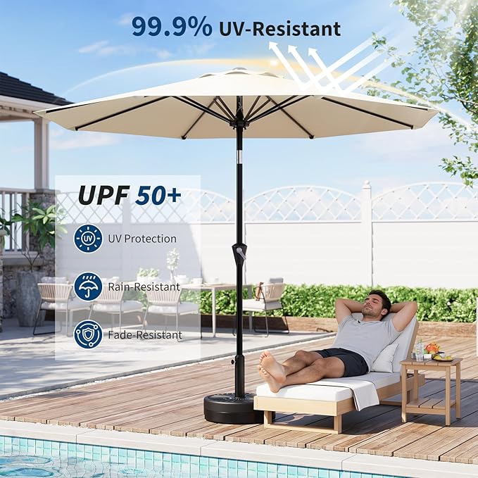 GarveeLife 9FT Umbrella Outdoor Patio, Table Umbrella with Push Button Tilt and Crank, 8 Sturdy Ribs Waterproof UV Protection for Garden, Pool, Deck, Backyard, Market (Beige White)
